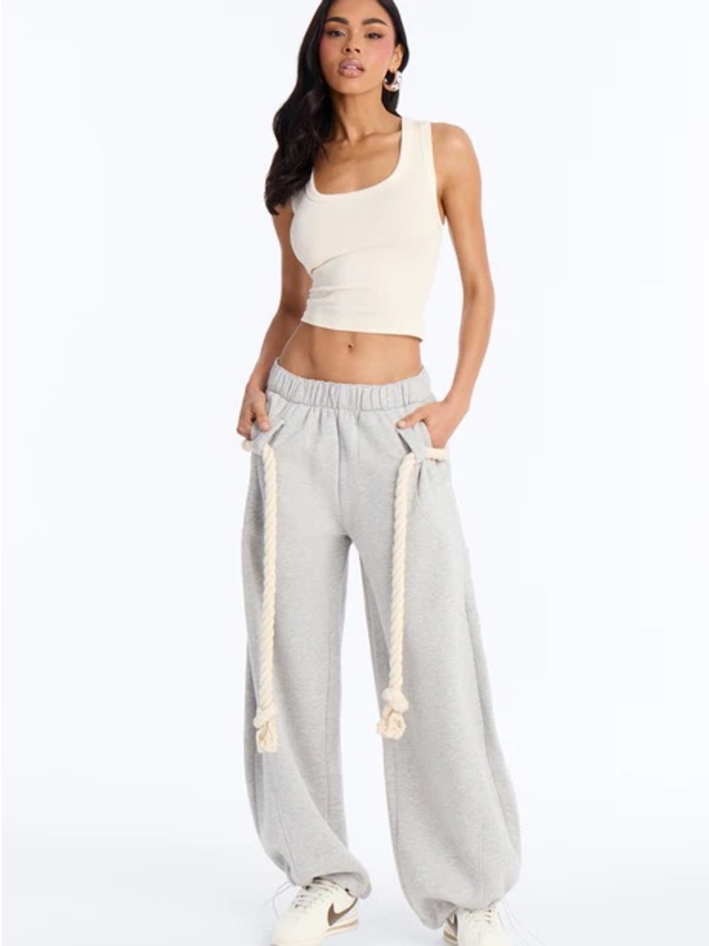 Fashion Nova Light Gray Wide-Leg Rope-Tie Track Pants